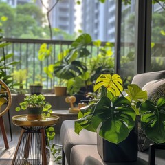a modern balcony with beautiful furniture and great plants
