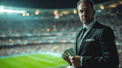Businessman in front a soccer stadium with banknotes as concept of bet and corruption. Generative AI