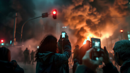 Crowd of onlookers filming urban fire at night wth smartphones