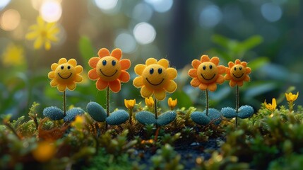 Fototapeta na wymiar Cute sunflower emoji in the garden. International Day of Happiness