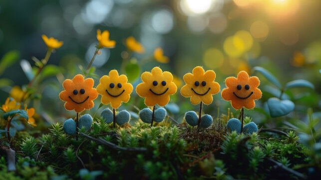 Cute sunflower emoji in the garden. International Day of Happiness