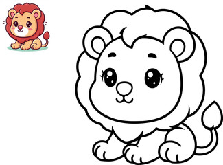 Obraz premium Cartoon cute lion. Coloring book with colorful sample. Vector illustration.