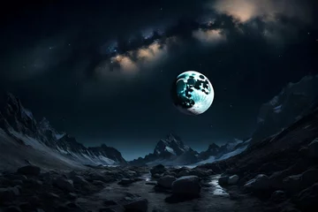 Muurstickers Volle maan en bomen moon in night with mountain