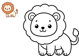 Cartoon cute lion. Coloring book with colorful sample. Vector illustration.