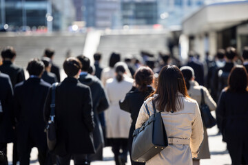 若いスーツ姿の日本人女性（大学生）の歩く後ろ姿 - obrazy, fototapety, plakaty