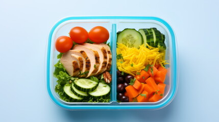 Healthy Lunch Box - Grilled chicken breast with fresh cherry tomatoes, cucumbers, shredded cheese, carrots, black olives, and pecans, arranged in a meal prep container