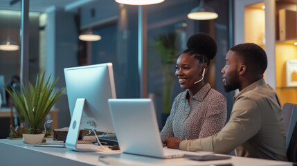 Portrait of happy African Americans working in a call center with a headset in the office. A call center agent with a headset makes a video call.