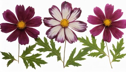 Obraz premium pressed and dried flower cosmos with green leaves isolated on white background for use in scrapbooking floristry or herbarium