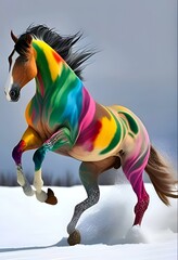 running horse on white background.Unicorn. A fabulous white horse with a multicolored mane and...