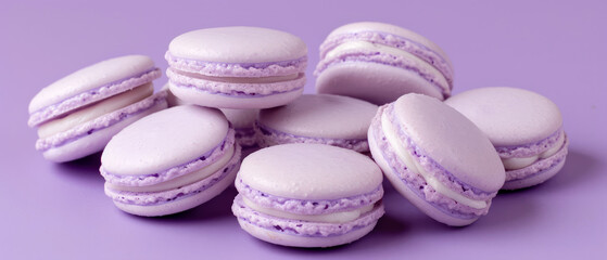 Close up of purple macarons with decorations on purple background . Pastry food mockup.Minimal. Generative ai