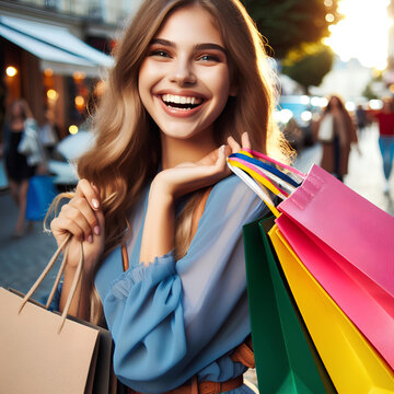 joyful young woman with colorful bags after shopping on the street of shops