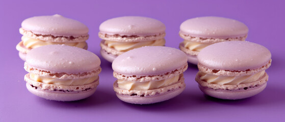Close up of purple macarons with decorations on purple background . Pastry food mockup.Minimal. Generative ai