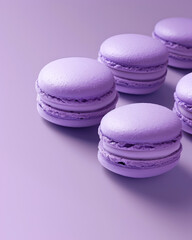 Obraz na płótnie Canvas Purple macarons with decorations on purple background . Pastry food mockup.Flat lay. Vertical banner. Minimal. Generative ai