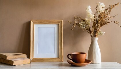 empty wooden picture frame mockup hanging on beige wall background boho shaped vase dry flowers on table cup of coffee working space home office plant interior pot window home flower wall