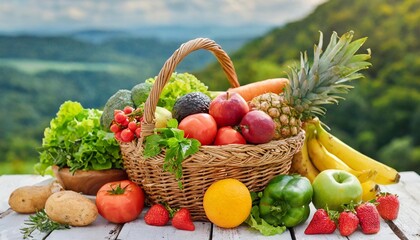 basket of fresh fruits and vegetables healthy organic vegetarian food on table