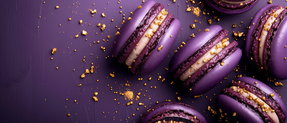 Purple macarons with decorations on purple background . Pastry food mockup.Flat lay. Minimal. Generative ai