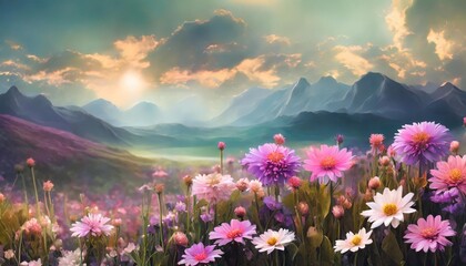 dreamy surreal fantasy flowers landscape pastel colours desaturated digital illustration
