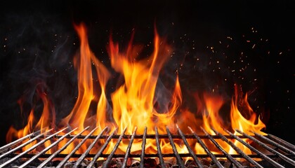 barbecue grill with fire flames empty fire grid on black background