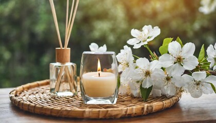 Obraz na płótnie Canvas aroma diffuser burning candle cherry blooming flowers and perfume on wooden bamboo tray cozy home decor hygge and aromatherapy concept comfortable atmosphere spring delicious fresh smell