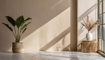 Fototapeta na wymiar modern beige interior with geometrical sunlight shadows and natural decor empty wall mockup