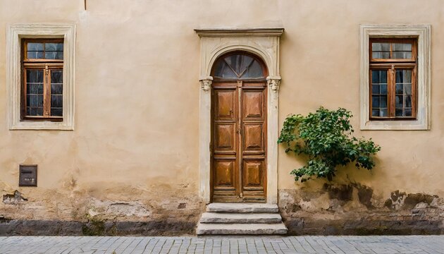 idyllic front view photo of old beige house wall in the old city minimalism picture