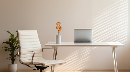 laptop on a table with chair on office interior background