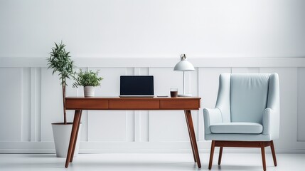 laptop on a table with chair on office interior background