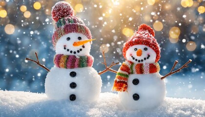 Fototapeta premium winter holiday christmas background banner closeup of cute funny laughing snowman with wool hat and scarf on snowy snow snowscape with bokeh lights illuminated by the sun