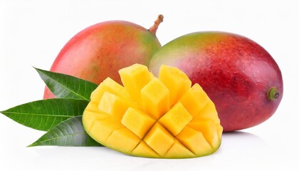 whole and slice ripe mango fruit with green leaves isolated on white background