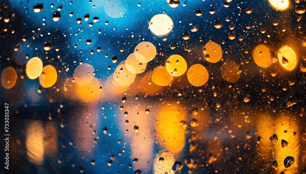 Wall mural raindrops on a window with a blurred background of lights in various colors predominantly blue and o