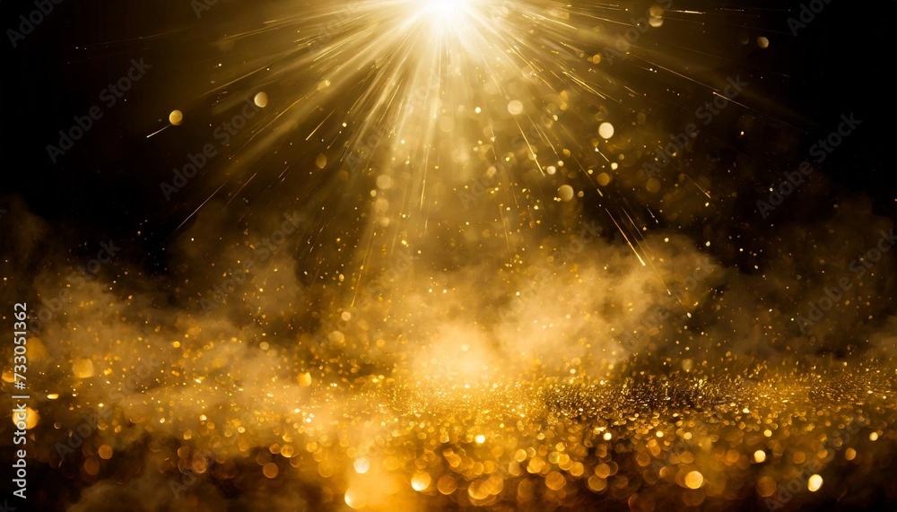Wall mural dark gold sparkle rays lights bokeh elegant abstract background dust sparks in explosion with smoke 