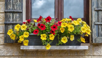 a pot of bright yellow red ornamental petunias decorates the window