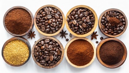 Obraz na płótnie Canvas flat lay of different types of grinds coffee in wooden bowl isolated on white background clipping path