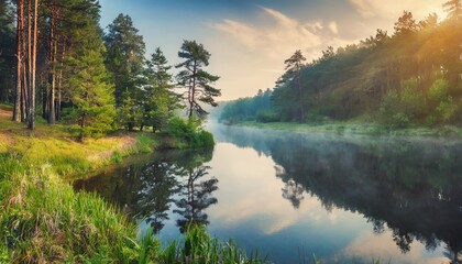 morning landscape with pines and river