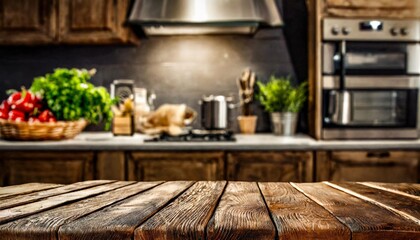 wooden table background of free space for your decoration and blurred background of kitchen copy space dark mood interior kitchen furniture - obrazy, fototapety, plakaty
