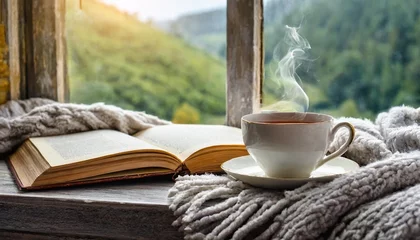 Fotobehang porcelain cup with hot tea soft blanket and open book by the window © Debbie
