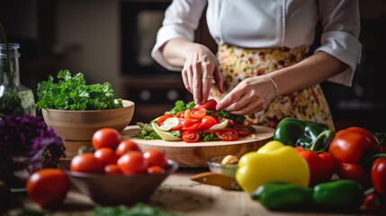 Healthy Choices: Woman Prepares Vibrant Vegetable Salad with Fresh Ingredients on a Wooden Counter