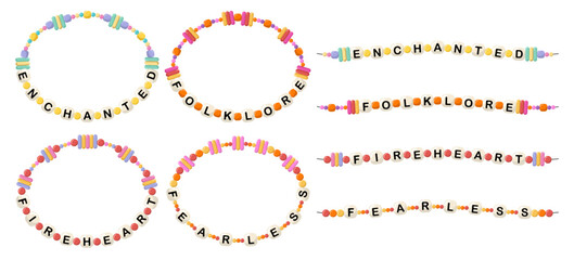 Collection of vector jewelry, children's ornaments. Bracelet of handmade plastic beads. Set of bright colorful braided bracelets with letters from words enchanted, folklore, fireheart, fearless. - obrazy, fototapety, plakaty
