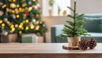 Fototapeta premium empty table top with diy christmas tree on blurred festive living room banner christmas zero waste