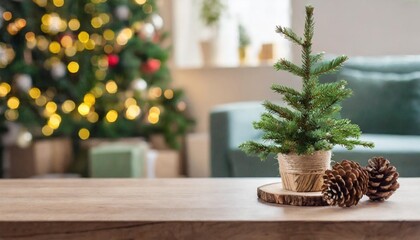 empty table top with diy christmas tree on blurred festive living room banner christmas zero waste