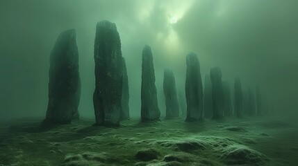 Megalithic stones and Celtic landscape in the fog. Background celebrating St. Patrick's Day Patrick.