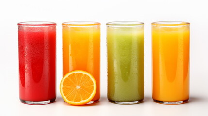 Colorful Array of Fresh Fruit Juices - A vibrant selection of freshly squeezed juices in a row, from red to green, with a halved orange for a pop of color - obrazy, fototapety, plakaty