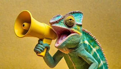 Foto auf Alu-Dibond a happy chameleon holding a yellow megaphone speaking in it with yellow solid background genertive © Debbie