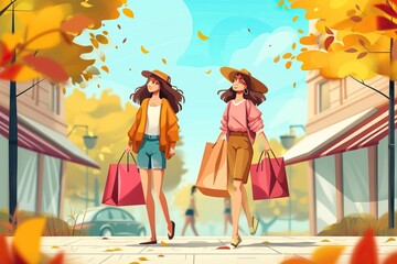 Happy friends walk with shop bags. Generative AI