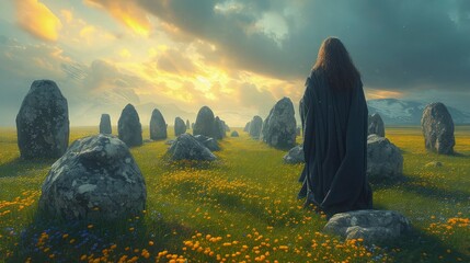 A man stands among megalithic stones and a Celtic landscape. Background celebrating St. Patrick's...