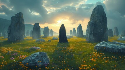 A man stands among megalithic stones and a Celtic landscape. Background celebrating St. Patrick's Day Patrick. - obrazy, fototapety, plakaty