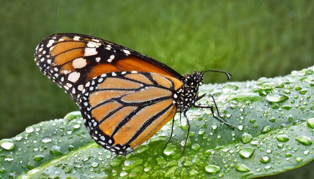 colorful monarch butterfly on green leaf in water drops