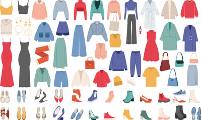 set of women's clothing, collection on white background vector - obrazy, fototapety, plakaty
