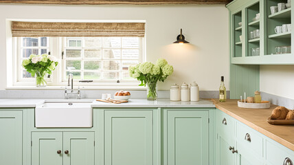 Mint cottage kitchen interior design, home decor and house improvement, English in frame kitchen cabinets in a country house