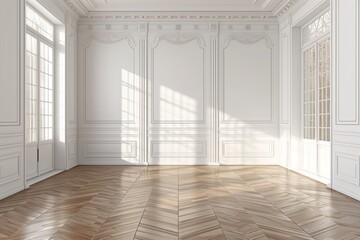 Bright empty room with white walls and hardwood floor